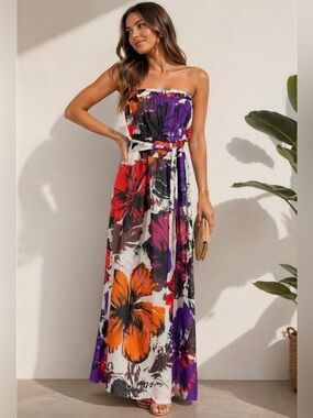 Dynamite Strapless Floral Maxi Dress Purple Orange Summer Vacation L
